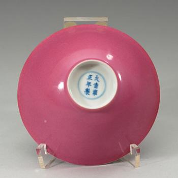 A "hot pink" bowl, Qing dynasty, with Yongzheng six- character mark and of the period (1723-35).