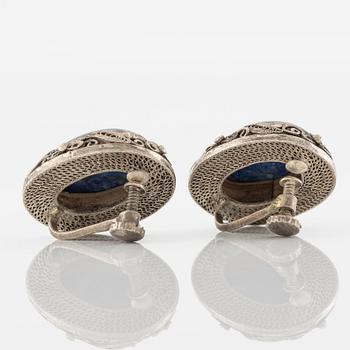 Necklace and earrings, silver with lapis lazuli.