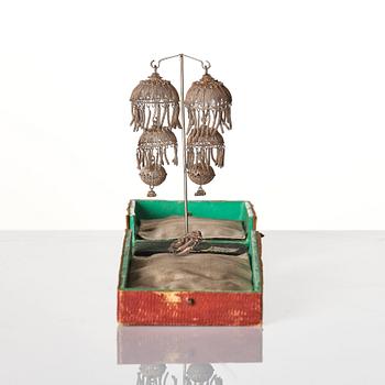 A pair of silver filigree earrings/re-worked hair ornaments, Qing dynasty, 19th Century.