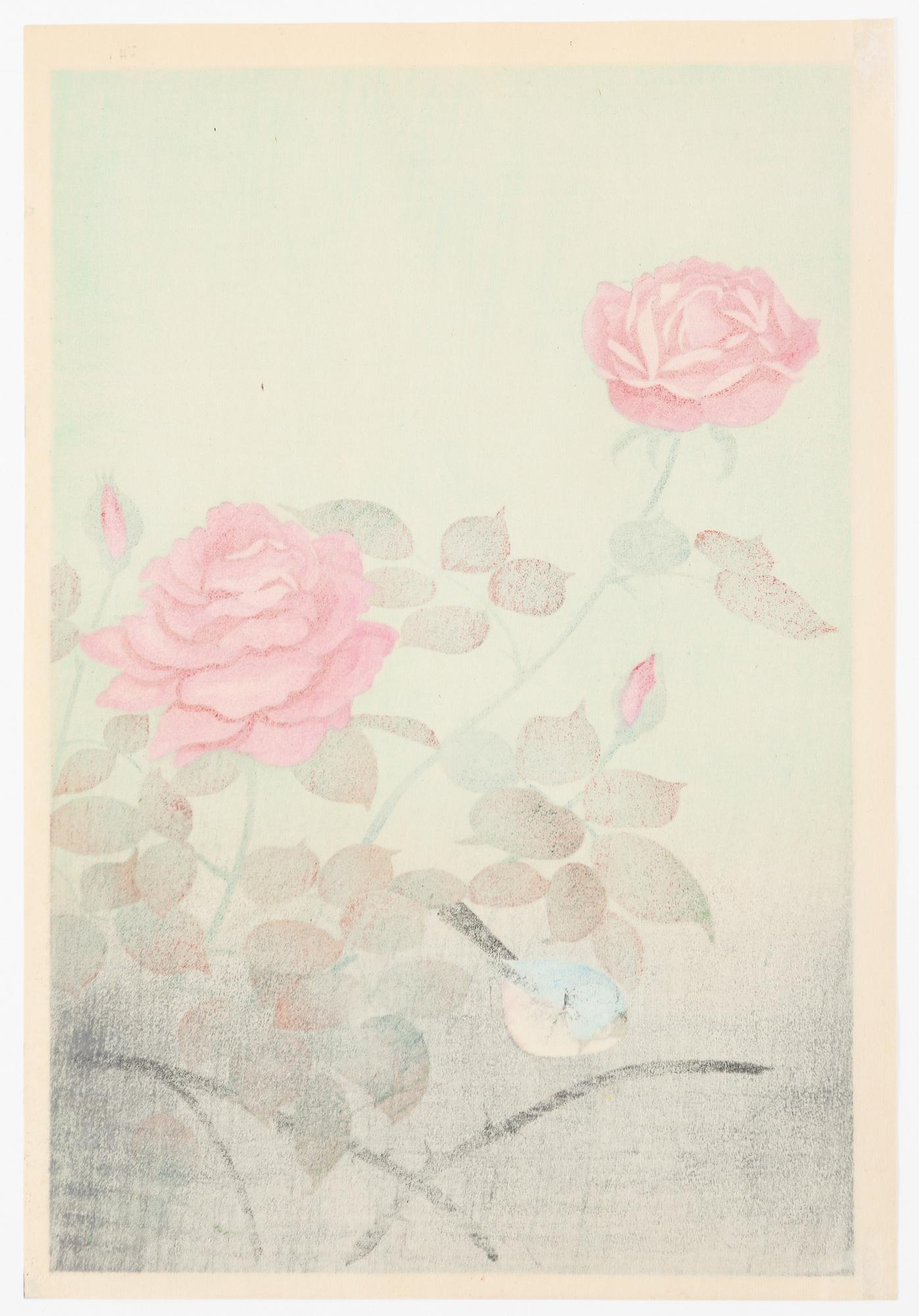 Ohno Bakufu, Motif of a bird and flowering roses, and a vase with prunus, peonies, daffodils and an orchid.