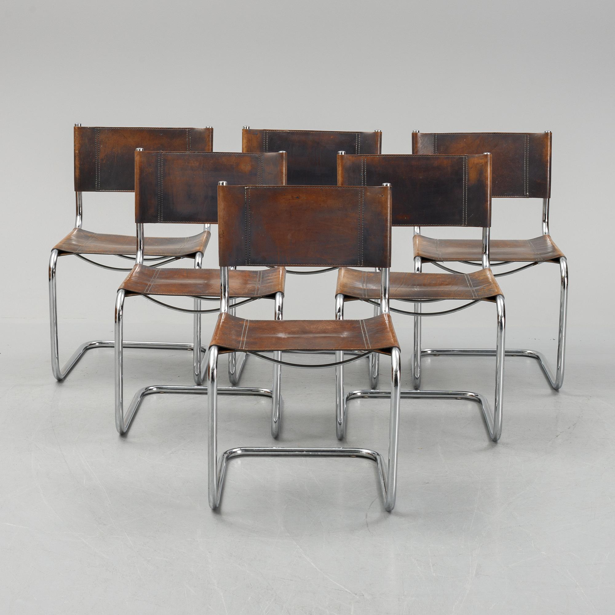 Six Fasem leather and tubular steel chairs, Italy, 1985.
