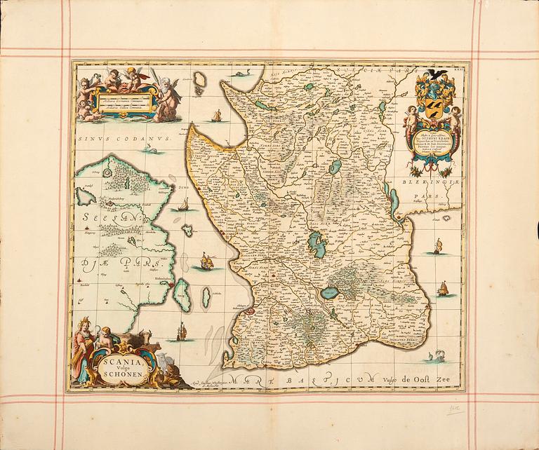 Johannes Janssonius, after, map Scania Sweden, hand colored copper engraving.