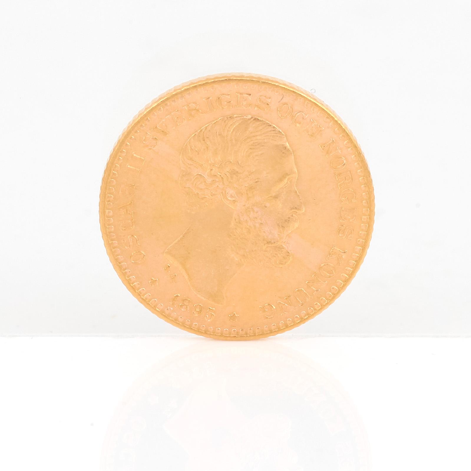 GULDMYNT, 10 kronor, Oscar II av Sverige och Norge 1895. Vikt ca 4,5 gram.