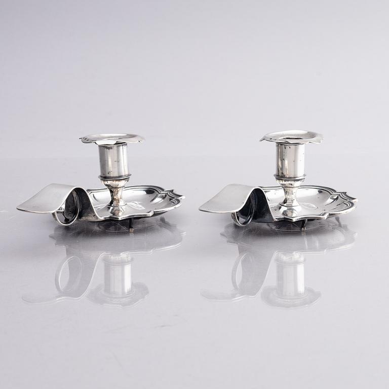 A pair of Swedish 18th century silver chamber-candlesticks, marks of Jürgen Friedrich Sickman, Stockholm 1757.