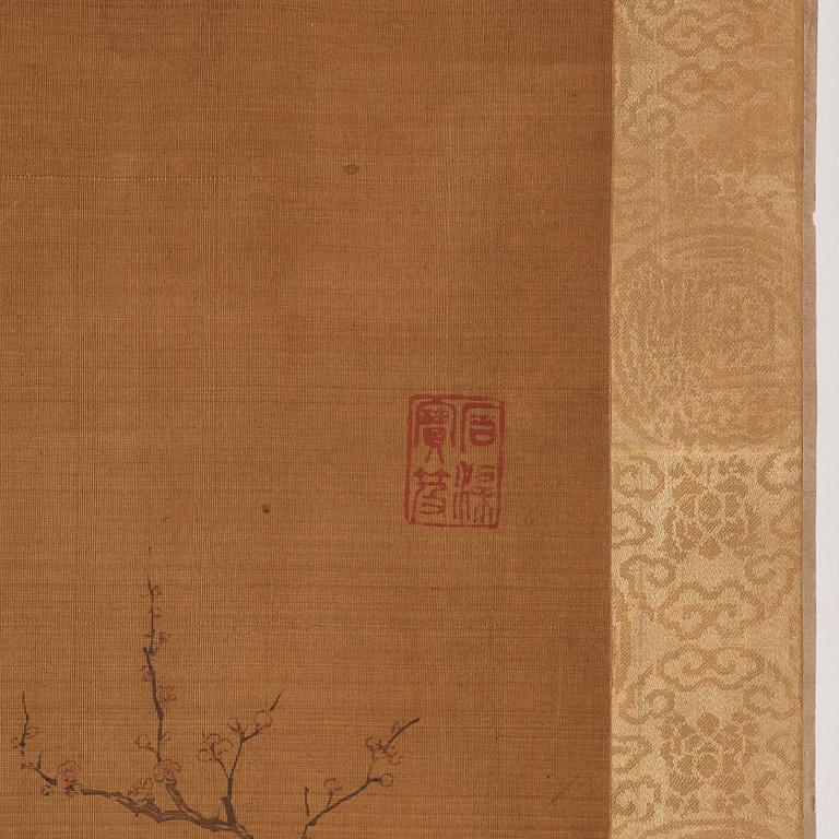 A Chinese scroll painting, ink and colour on silk laid on paper, late Qing dynasty/early 20th Century.