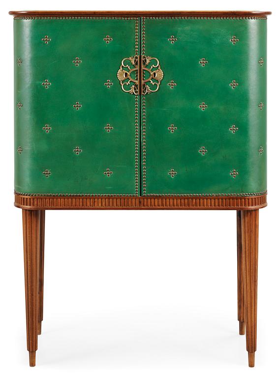 An Swedish bar cabinet with green leather and brass nails, unknown designer probably not Boet, 1940's.