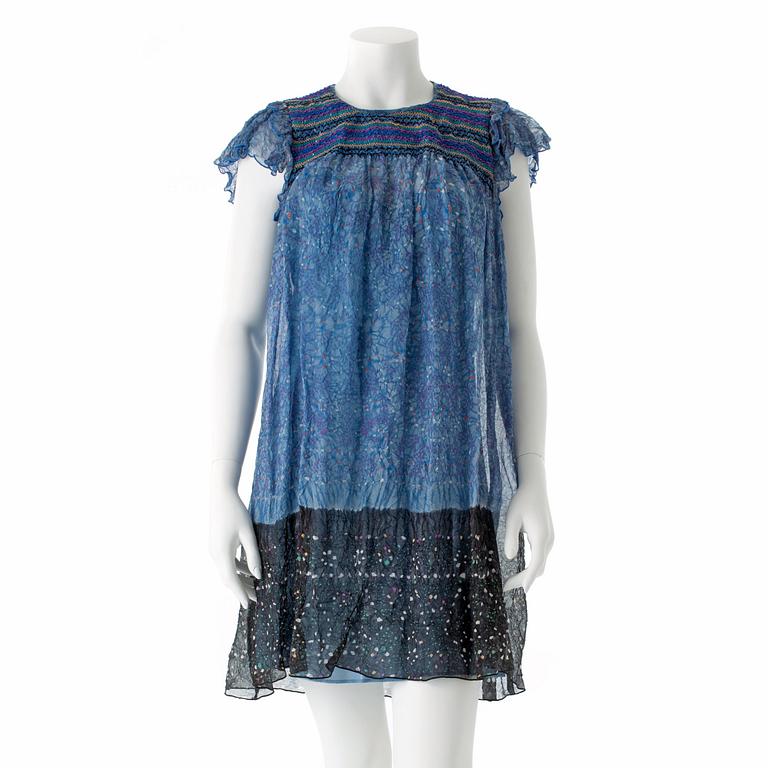 ANNA SUI, a silk chiffong blue and multicolored dress.