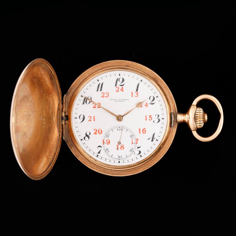 HERRFICKUR, savonette, guld 14K, Alex Hüning, Geneve, tidigt 1900-tal. Tot ca 87 gram.