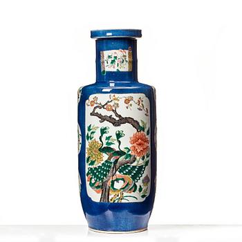 A powderblue and famille verte roleau vas, late Qing dynasty.