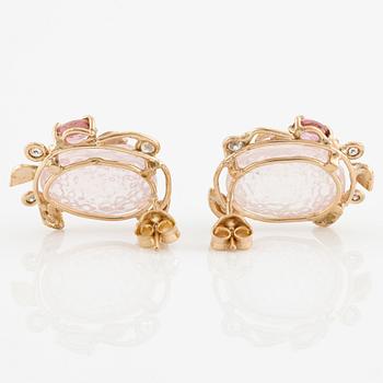 Earrings "honey comb" with cut rose quartz, pink tourmaline, and brilliant-cut diamonds.