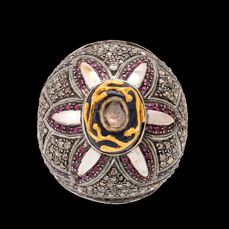 Ring/Cocktail ring in white and yellow gold with diamonds and coloured stones, Gem Palace Jaipur India.
