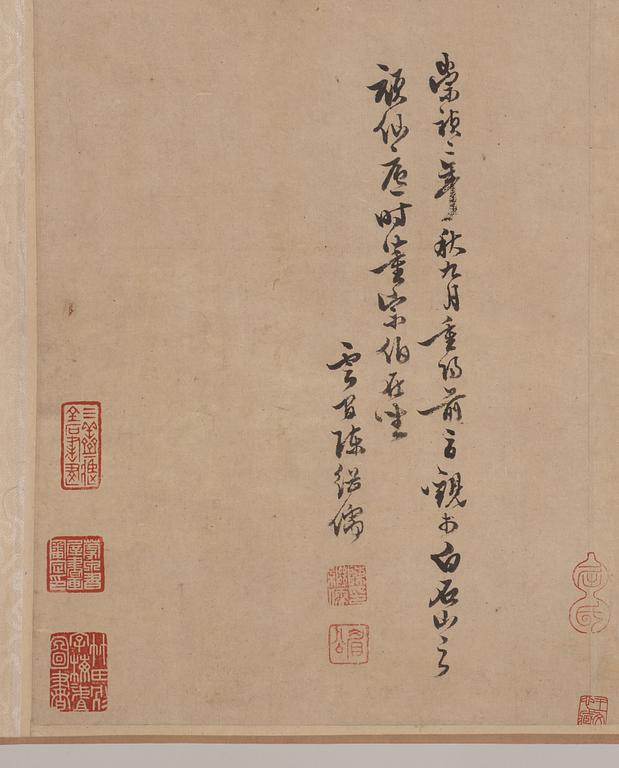 RULLMÅLNING med KALLIGRAFI, i Lin Chuns art (aktiv ca 1174-1189), Qing dynastin, 1700-tal.