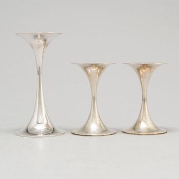 TAPIO WIRKKALA, three 'Trumpetti' silver candlesticks from Kultakeskus Oy, Hämeenlinna, Finland, 1974-93.