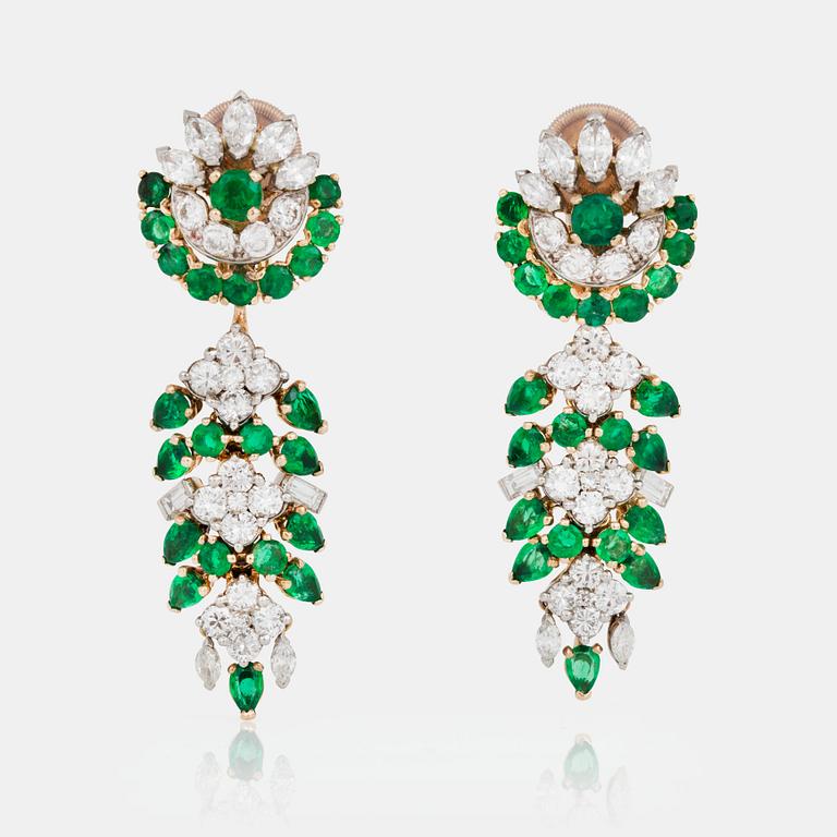 A pair of Marchak, Paris, emerald and diamond earrings.