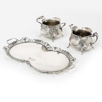 Gewe Silvervarufabriken Ab, cream jug, sugar bowl and tray, silver, Rococo style, Malmö 1968–1976.