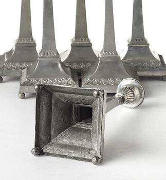 Six late Gustavian pewter candlesticks by P. H. Lundén, master in Lidköping 1797-1834.