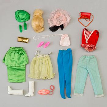 Six 1960s barbiedolls in original barbie bag.