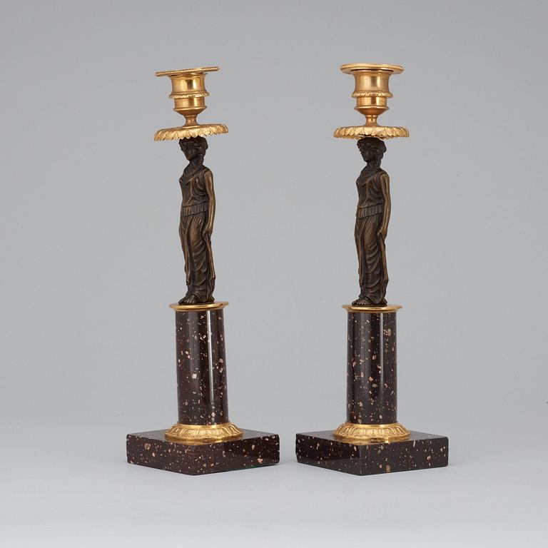 A pair of late Gustavian circa 1800 porphyry candlesticks.