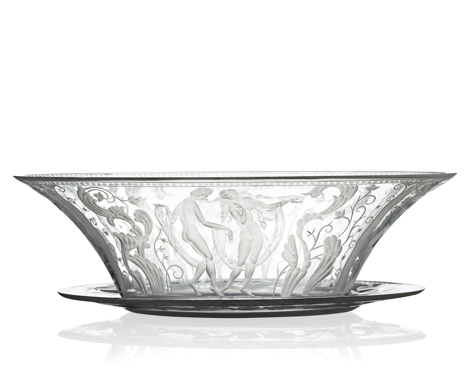 Simon Gate, an engraved glass bowl and stand, Orrefors, Sweden  1924, model 147.