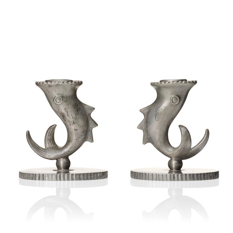 Carl Milles, two pewter candlesticks, Herman Bergman AB, Stockholm 1927 and 1930.