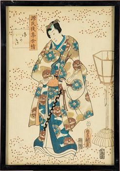 UTAGAWA KUNISADA,  (1786–1864), färgträsnitt, två st. Japan, från "Lingering Sentiment", 1800-tal.