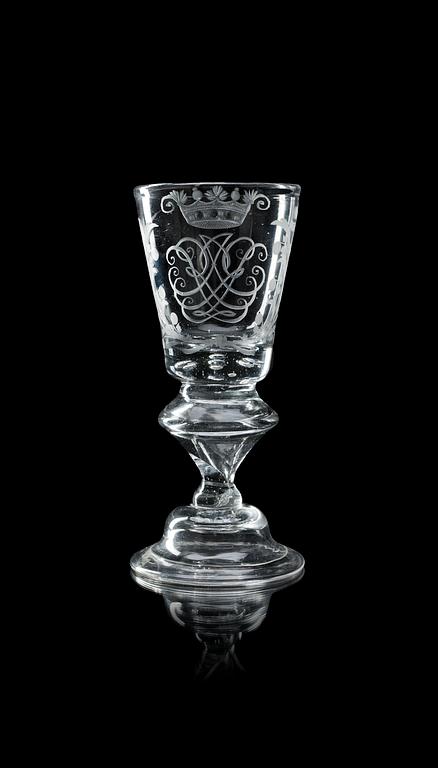 An engraved wine glass, mid 18th Century.