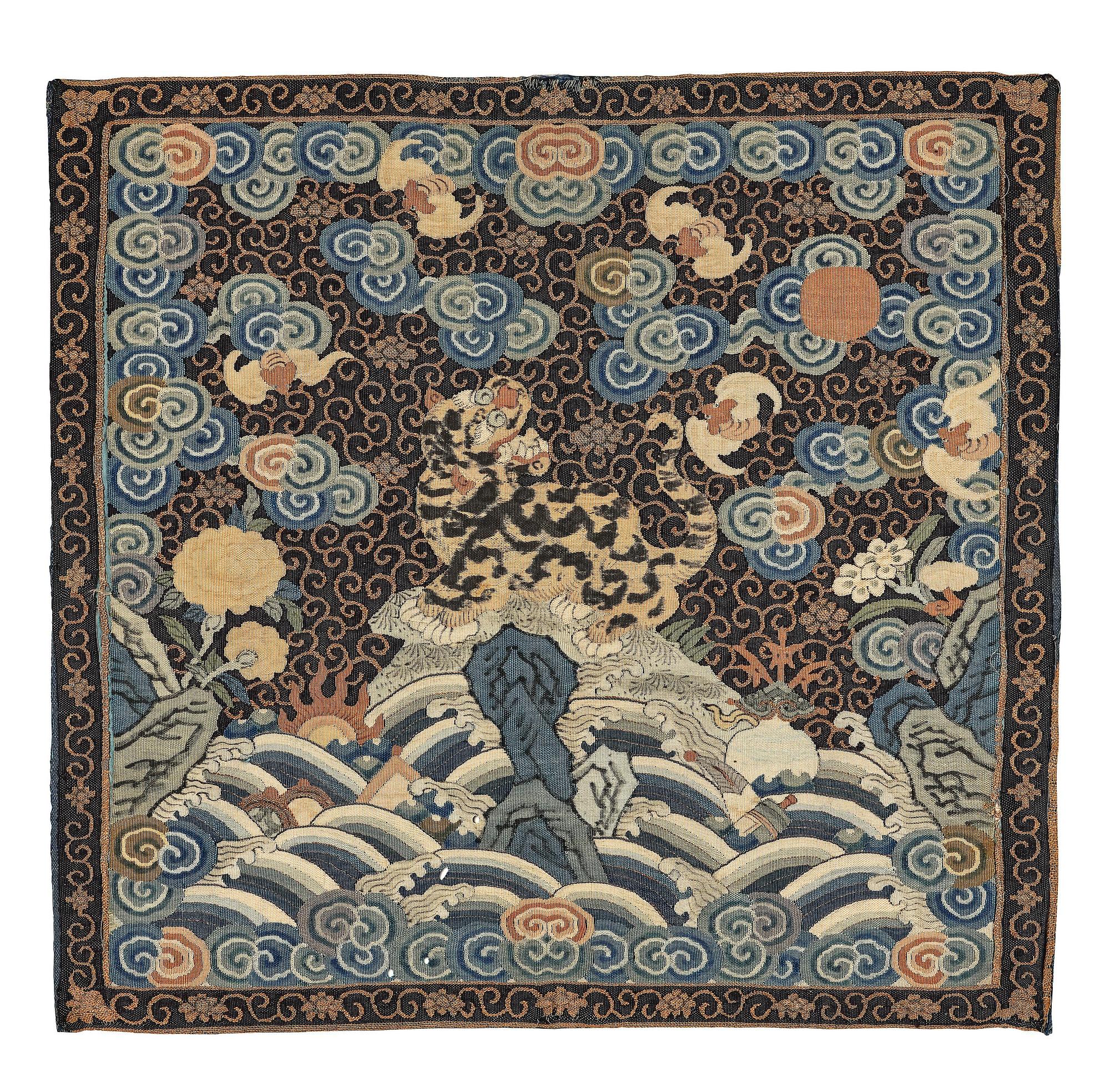 A silk kesi 'tiger' fourth military rank badge/buzi, Qing dynasty, 1820/30s.