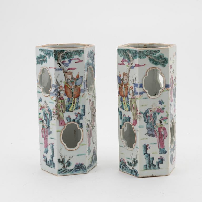 A pair of Chinese porcelain hat stands, Qing dynasty, around the year 1900.