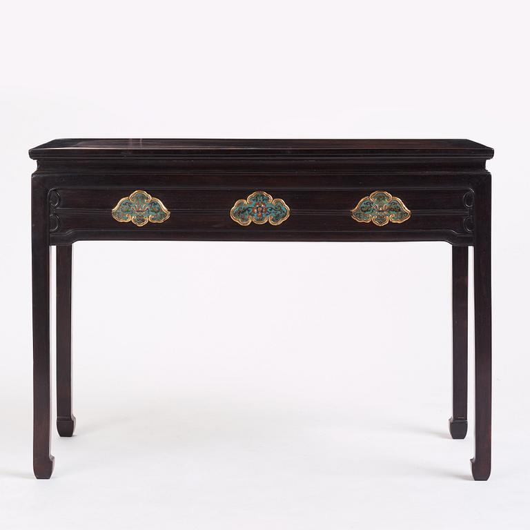 A Chinese zitan altar table with cloisonné placques, Qing dynasty, Qianlong period (1736-1795).