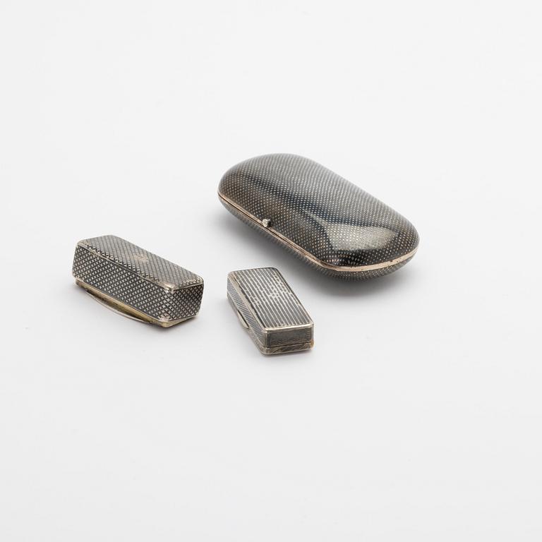 Dosor, tre stycken, silver, Ryssland, 1800-tal.