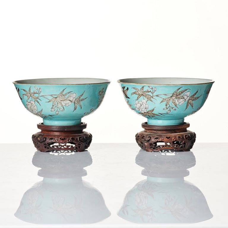 A pair of turquoise ground 'baijiaxiang' cups, Qing dynasty with seal mark in red.