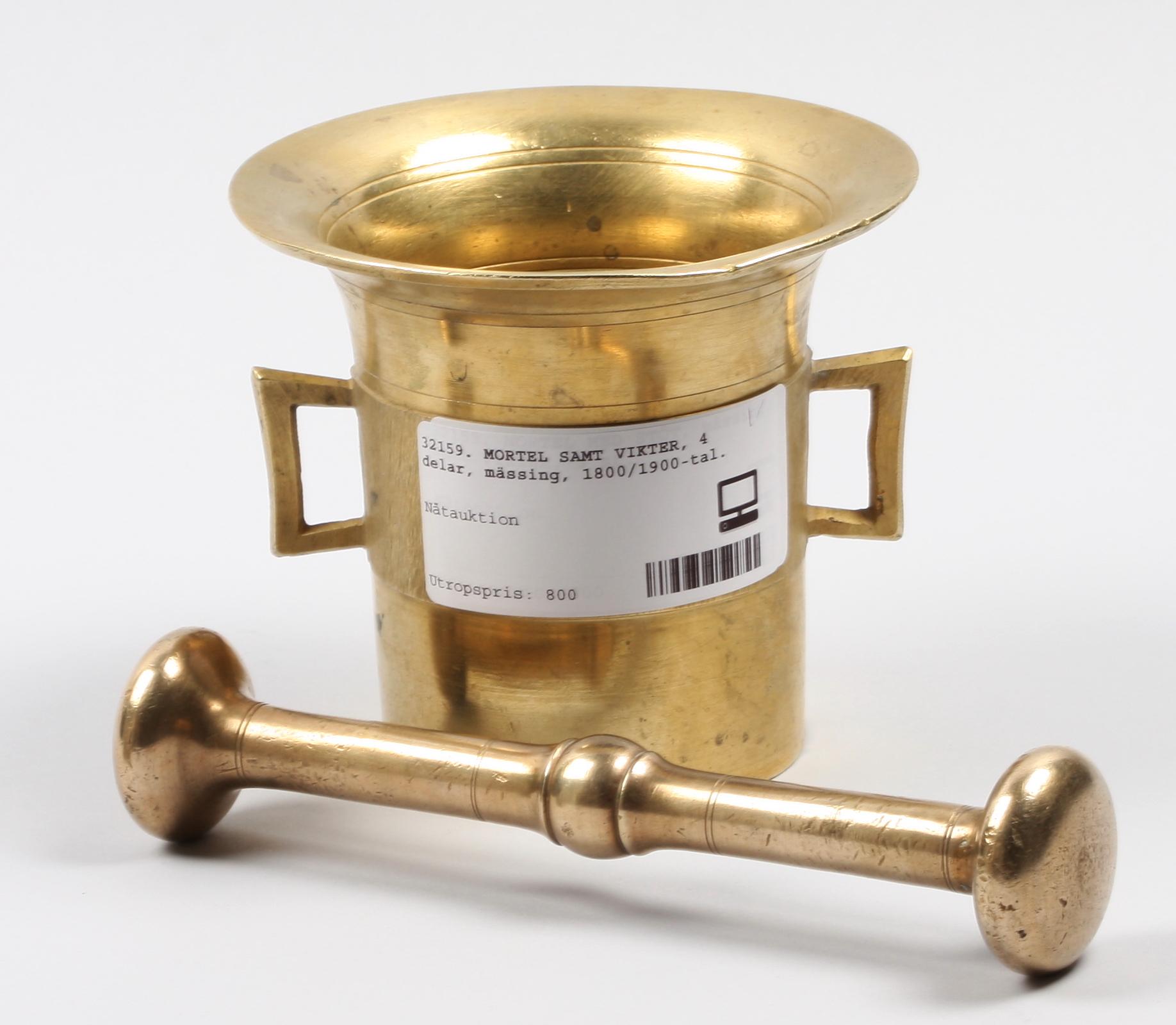 MORTEL SAMT VIKTER, 4 delar, mässing, 1800/1900-tal.