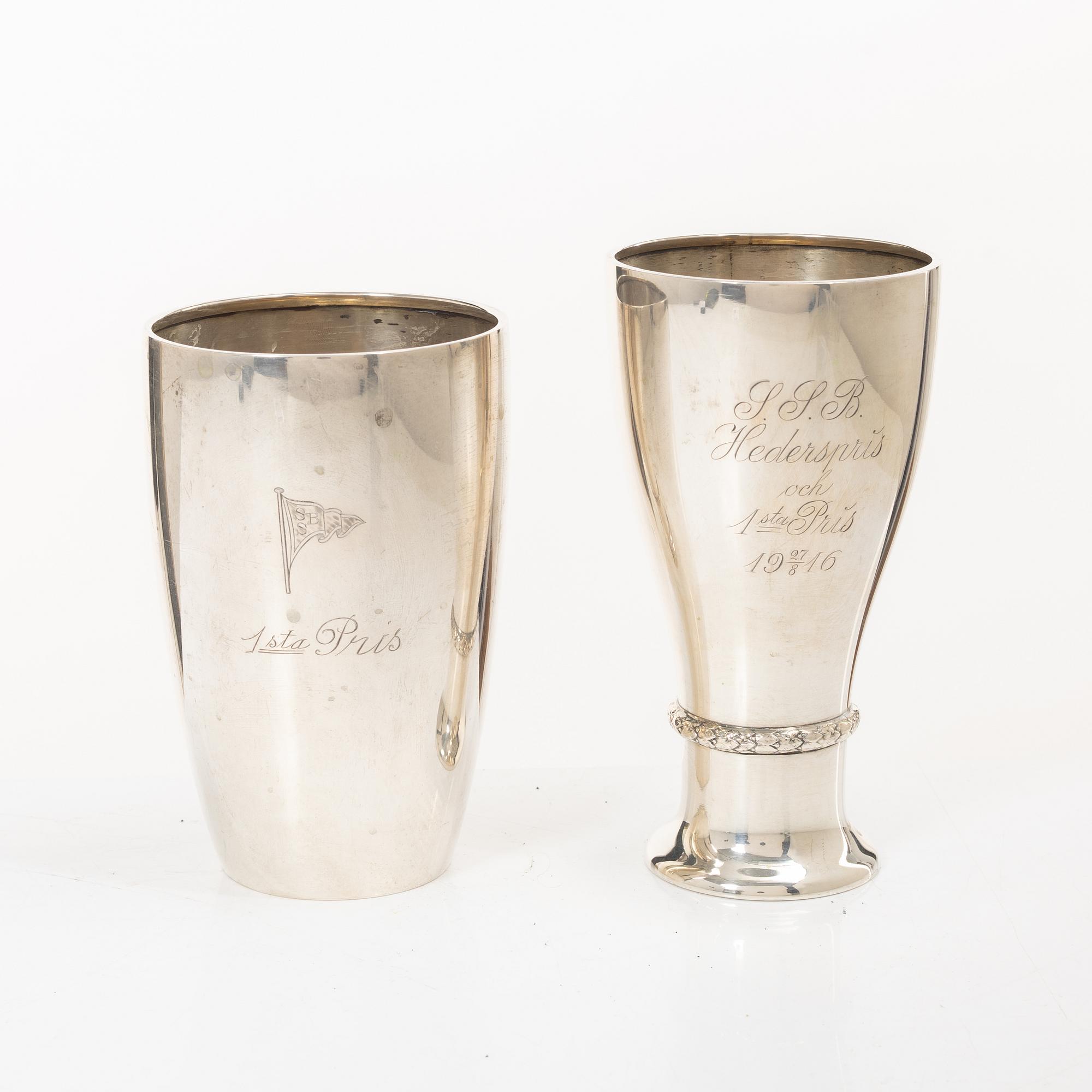 Two beakers, silver, CG Hallberg, Stockholm, 1915–16.