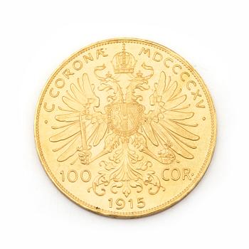 AUSTRIAN 100 CORONA GOLD COIN, 21,6 ct, 1915. Ca 34 grams.