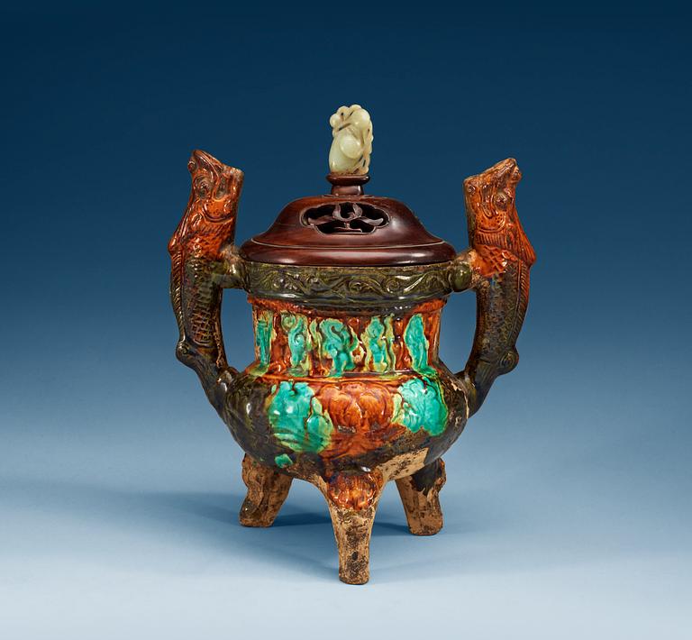 A brown, green and turkoise glazed tripod censer, Ming dynasty.
