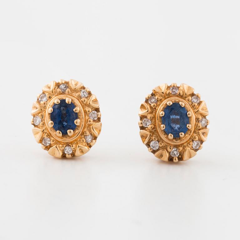 A pair of sapphire and single cut diamond earrings.