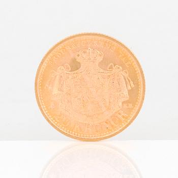 GULDMYNT, 20 kronor, Oscar II av Sverige och Norge 1901. Vikt ca 9 gram.