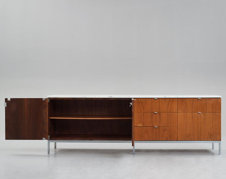 Florence Knoll, a walnut and white marble top sideboard, probably produced on license by Nordiska Kompaniet, Sweden 1960's.