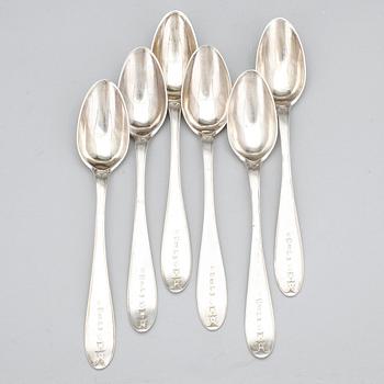 TESKEDAR, silver, 6 st, delvis Jacob Möller, Malmö, 1817. Tot vikt 202 gram.