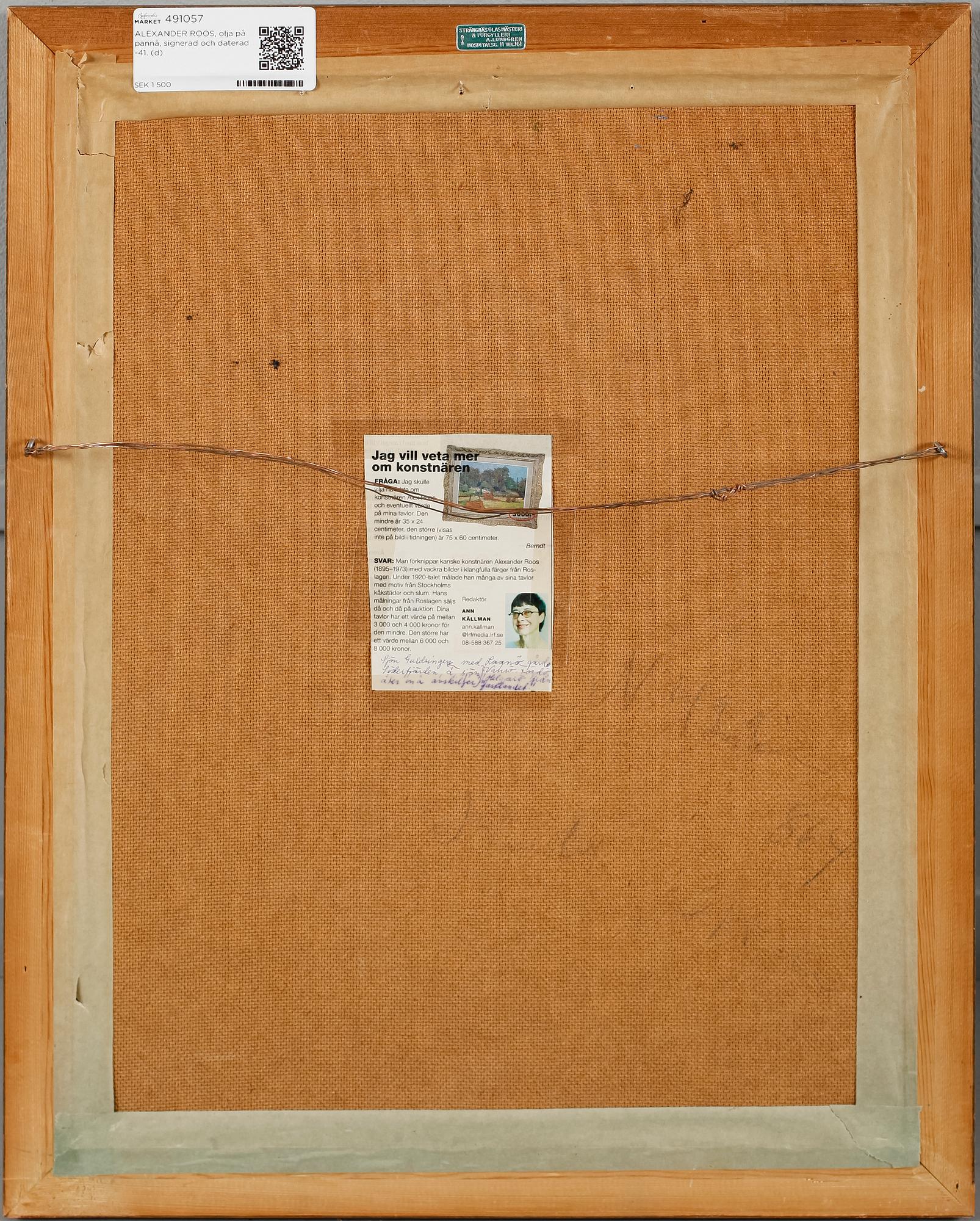 ALEXANDER ROOS, olja på pannå, signerad och daterad -41.