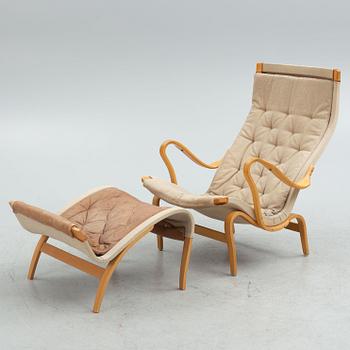 Bruno Mathsson armchair, "Pernilla" with footstool, Dux, late 20th century.