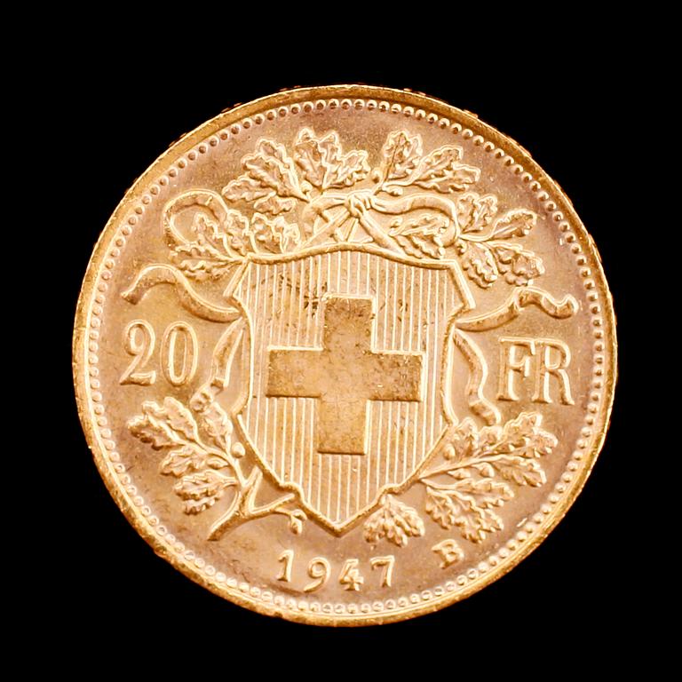 GULDMYNT, 900, Helvetia, 20 fr, 1947. Vikt ca 6 g.