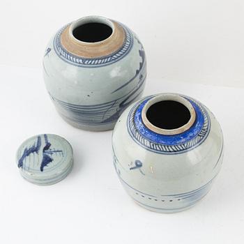 A Japanese vase made in to a lamp, and two Chinese blue and white jars, 19th Century.