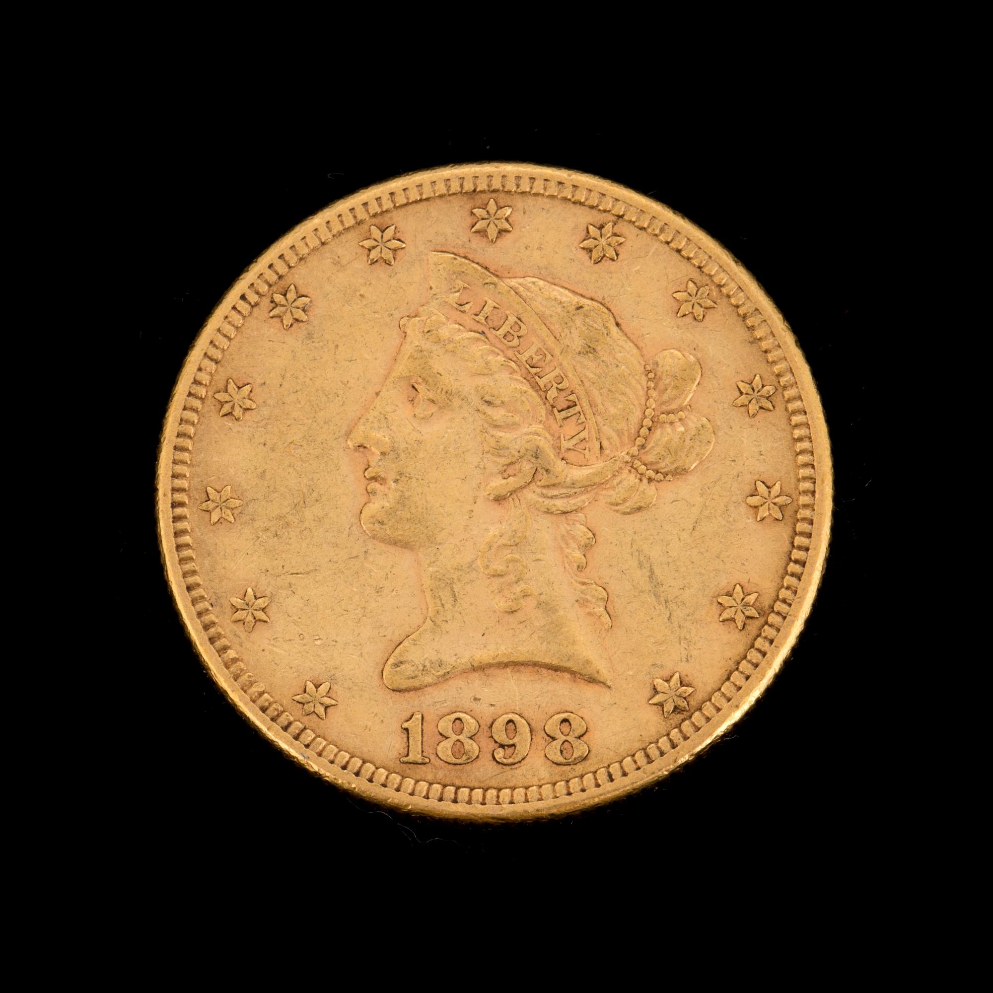 GULDMYNT, fine gold, 10 dollars, Liberty, USA. 1898. Vikt ca 17 gram.