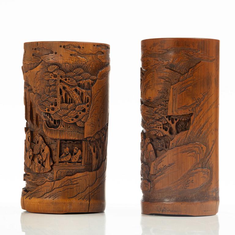Two Chinese bamboo brush stands, late Qing dynasty / 20th century.