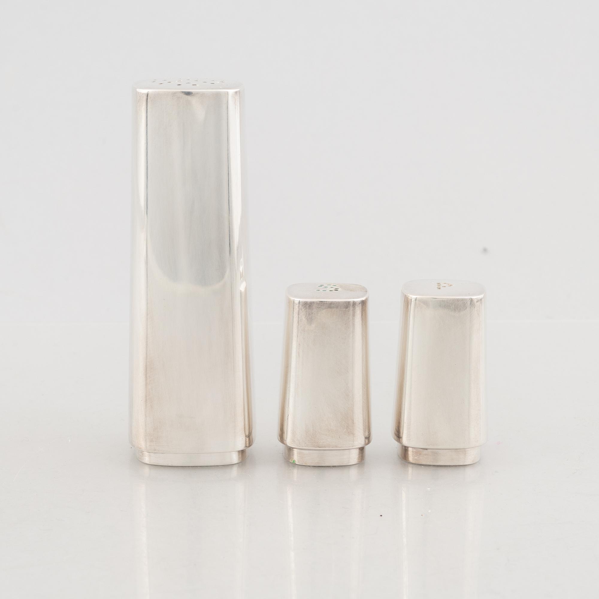 A saltshaker, peppershaker and a sugar shaker, silver, GAB, Stockholm, Sweden, 1964-65.