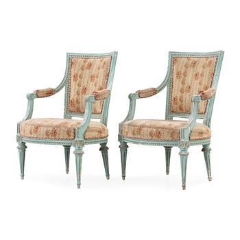 1202. Melchior Lundberg d.ä., A pair of Gustavian late 18th century chairs by Melchior Lundberg, master 1775.