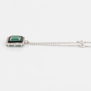 Emerald, onyx and brilliant cut diamond necklace.