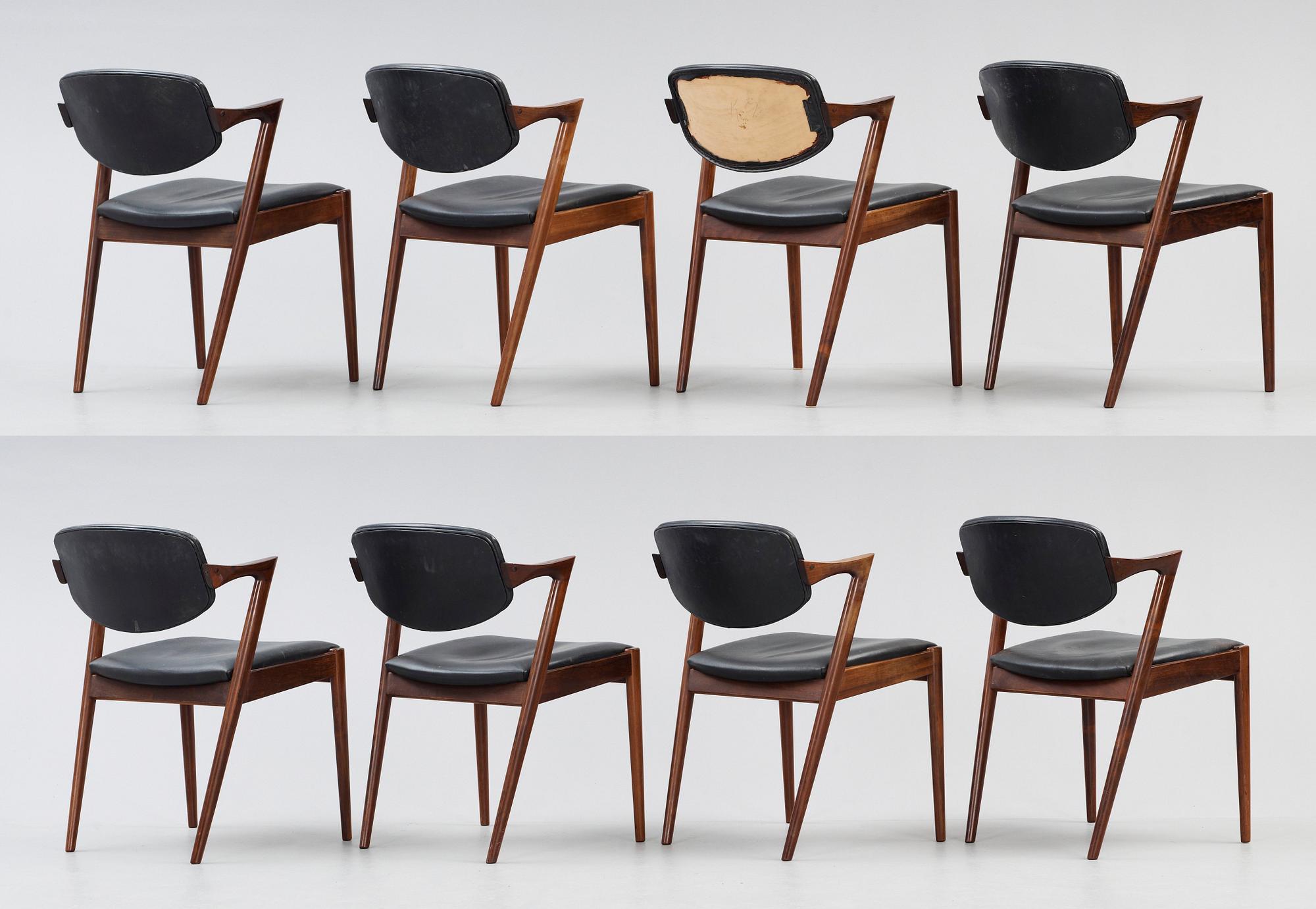 KAI KRISTIANSEN, stolar 8 stycken "model 42", Schou Andersen Møbelfabrik, 1950-60-tal.