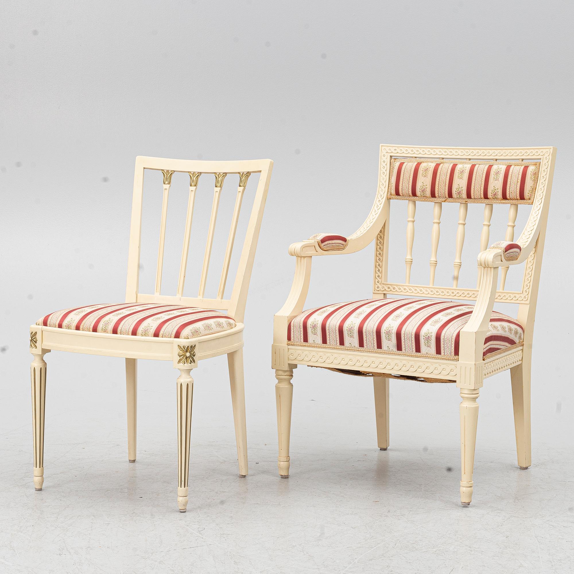 A dining group, 9 pieces, Gustavian style, second half of the 20th century.